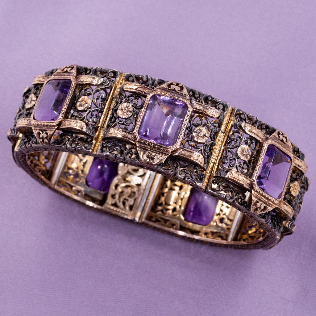 Bracelet Articulé Vintage Médaillon Céramique Violet - Années 70 - Occasion - Métal