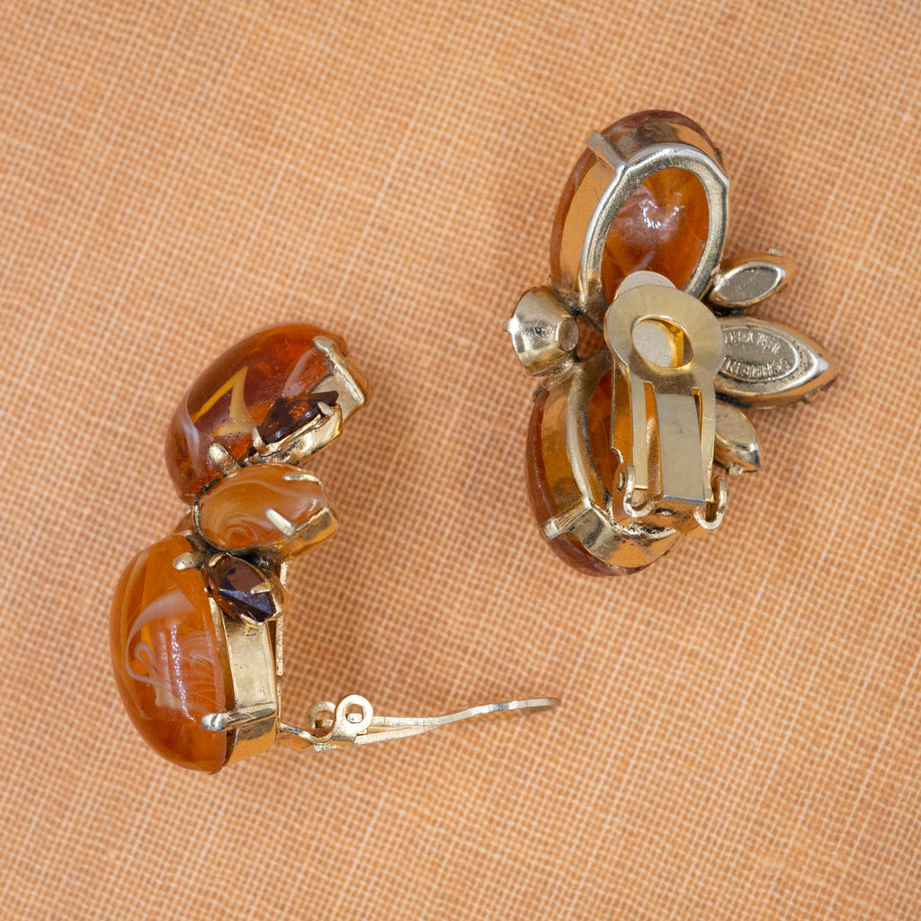 Vintage Vogue Yellow Amber Brown Rhinestones Earrings - 2 Pieces