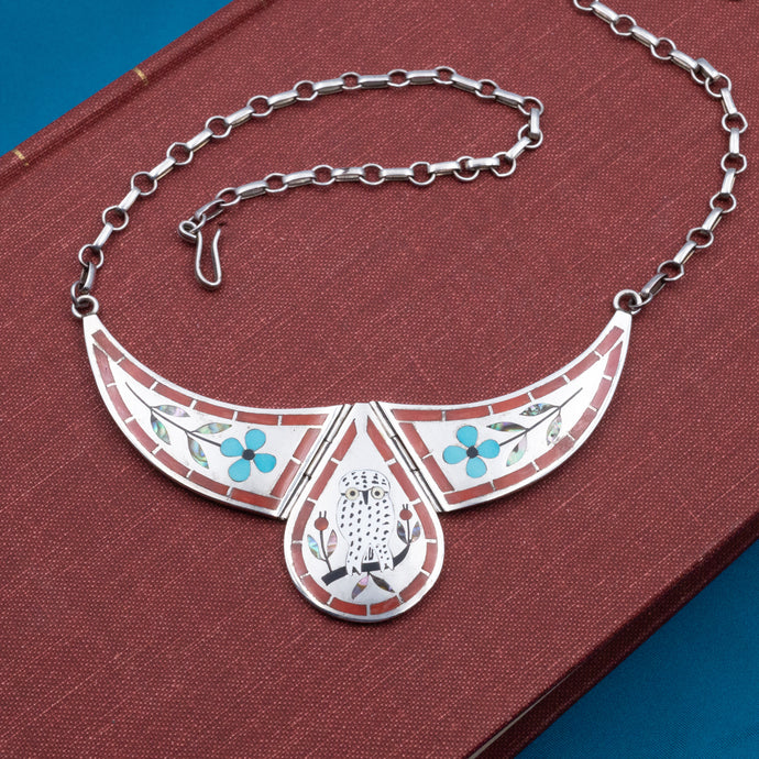 1960's Zuni Silver Turquoise, Coral and Mother of Pearl Owl