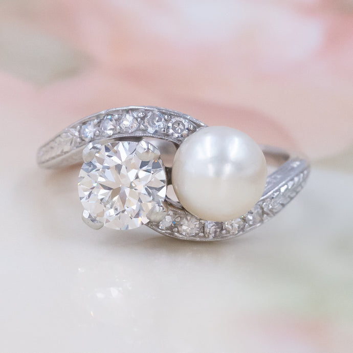 Art-Deco Natural Pearl & Diamond Toi Et Moi