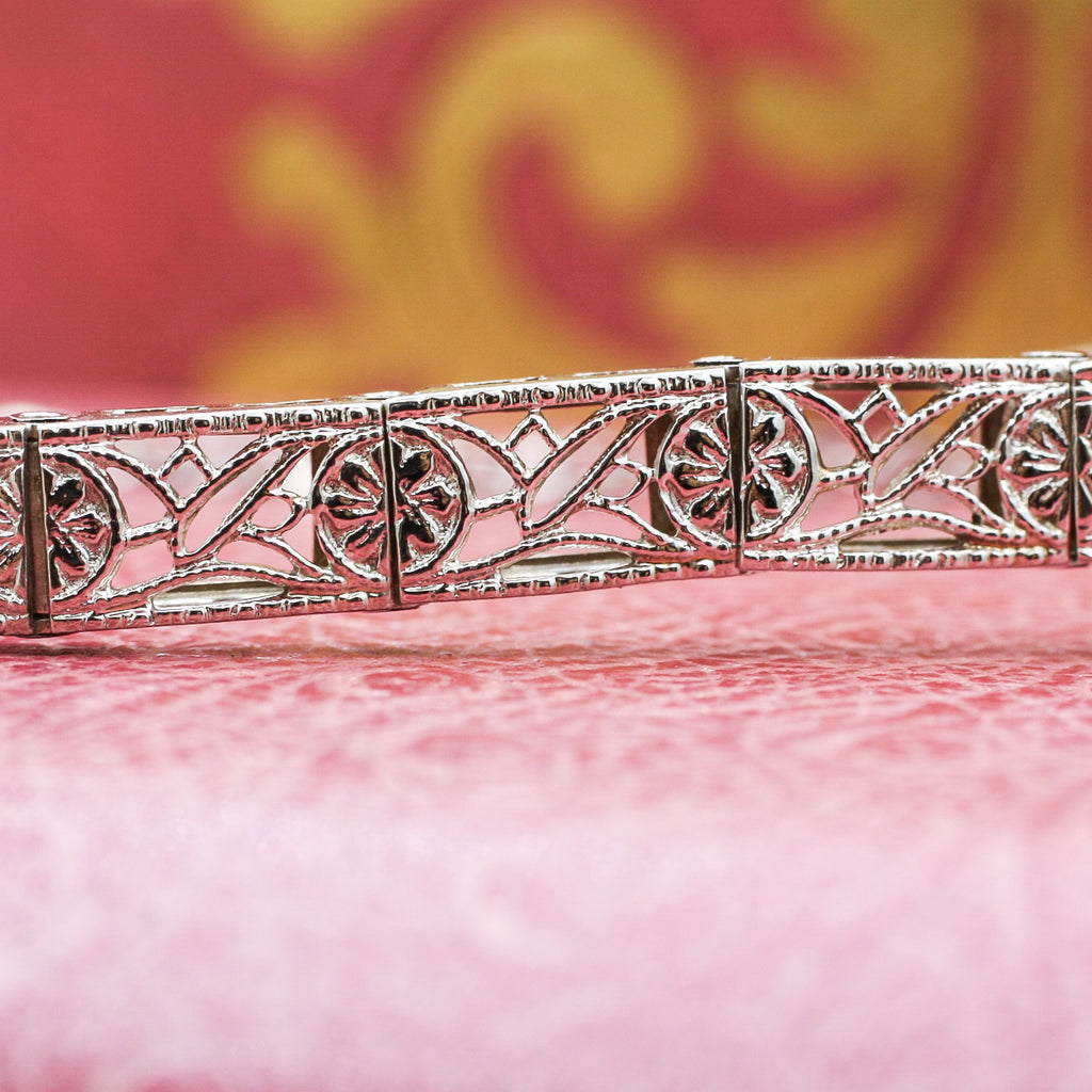 1920s 14k Filigree Bracelet with Emerald Paste Stones