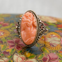 c1910 10k Handmade Coral Cameo Ring- Tilted View