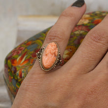 c1910 10k Handmade Coral Cameo Ring- On Model
