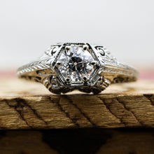 1920s Tall 18k Filigree GIA Certified Diamond Solitaire- Diamond View