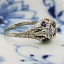 1920s 18k Transitional Cut Diamond Ring with Sapphires