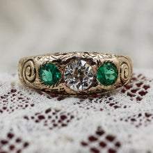 c1890 Old Mine Cut Diamond and Emerald Handcarved Ring