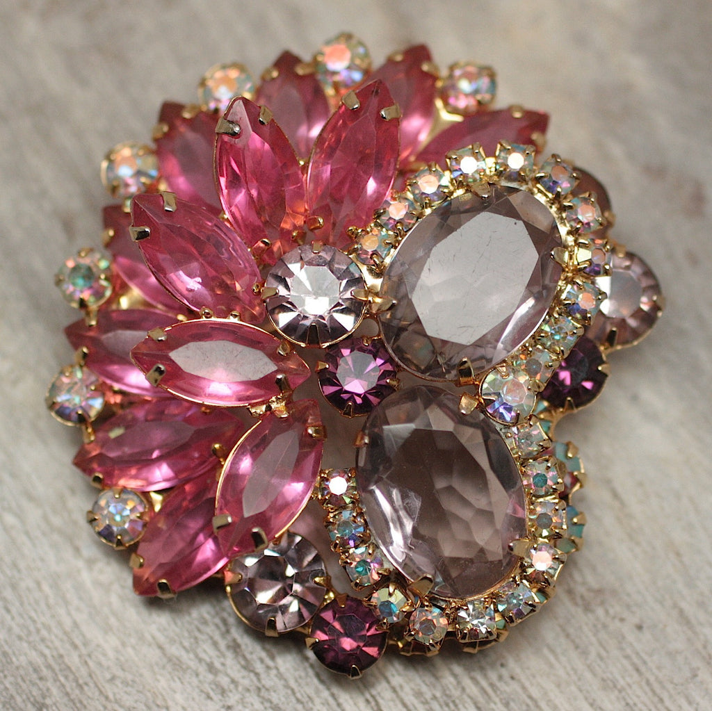 JULIANA Intriguing Pink & FUCHSIA / Hot Pink Rhinestones Pin / BROOCH SOLD  at Ruby Lane