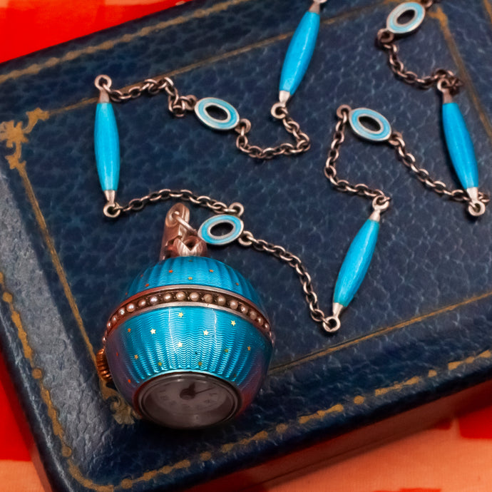 Blue Enamel Ball Watch Pendant Necklace c1900