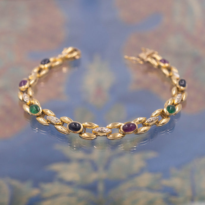 Precious Gem Cabochon and Diamond Bracelet c1980