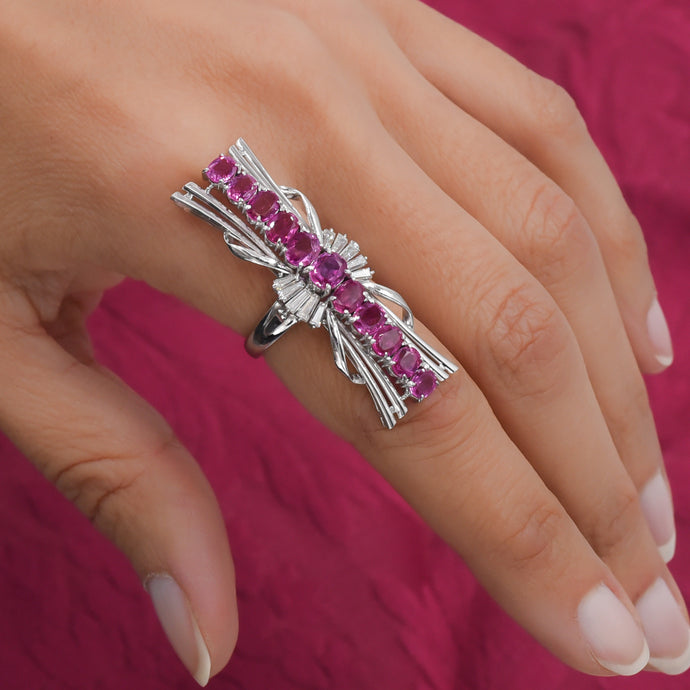 Pink Sapphire & Diamond Elongated Cocktail Ring c1960