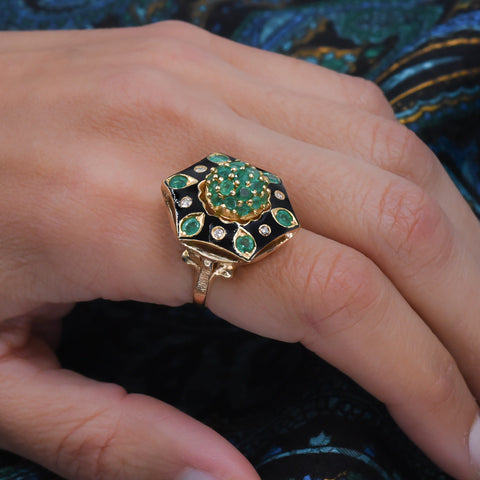 Emerald & Black Enamel Cocktail Ring