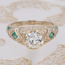 Old Euro Diamond Ring with Emeralds & Pavé Sides