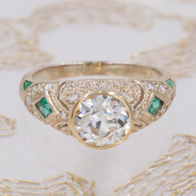 Old Euro Diamond Ring with Emeralds & Pavé Sides