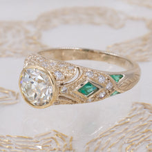 Old Euro Diamond Ring with Emeralds & Pavé Sides