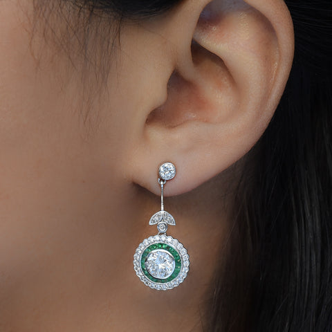 Diamond and Emerald Halo Drop Earrings