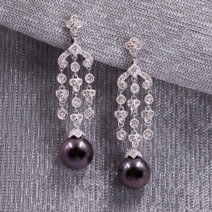 Tahitian Black Pearl Drop and Diamond Waterfall Earrings c1990
