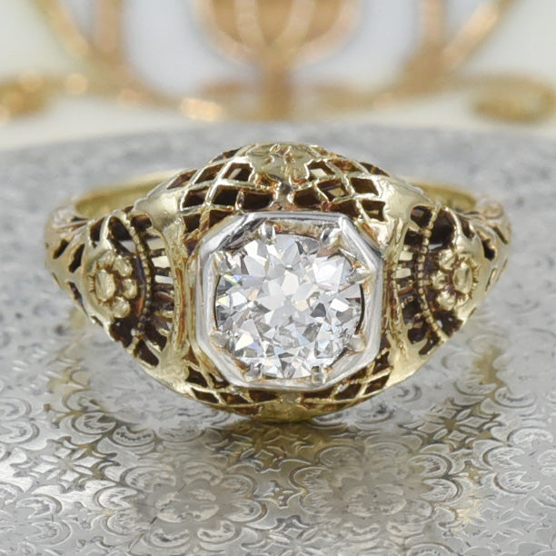 Antique Diamond Gold Filigree Ring c1930