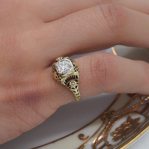 Antique Diamond Gold Filigree Ring c1930