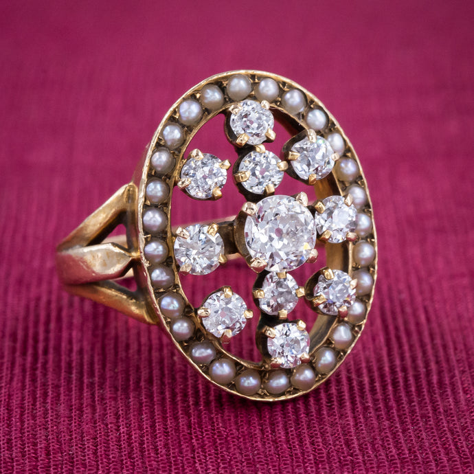 Antique Diamond Cocktail Ring with Pearl Halo
