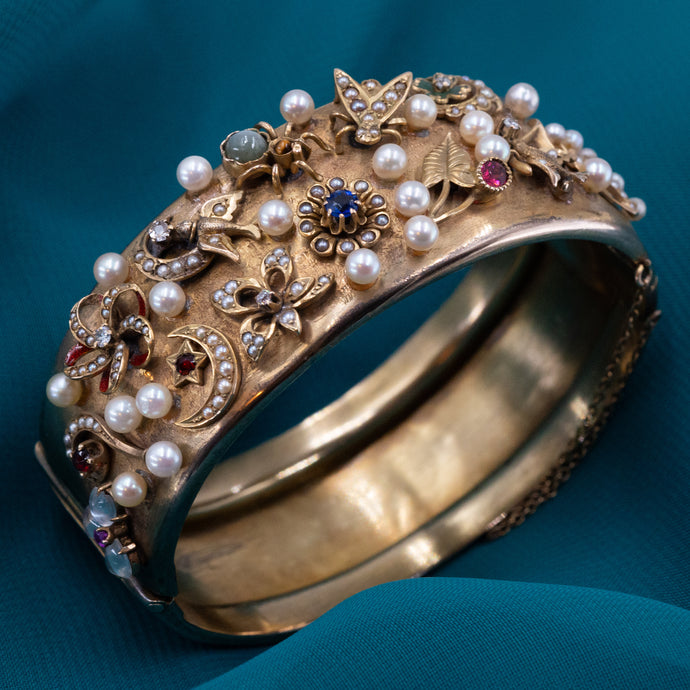 Victorian Multi-Gem Charm & Pearl Bangle