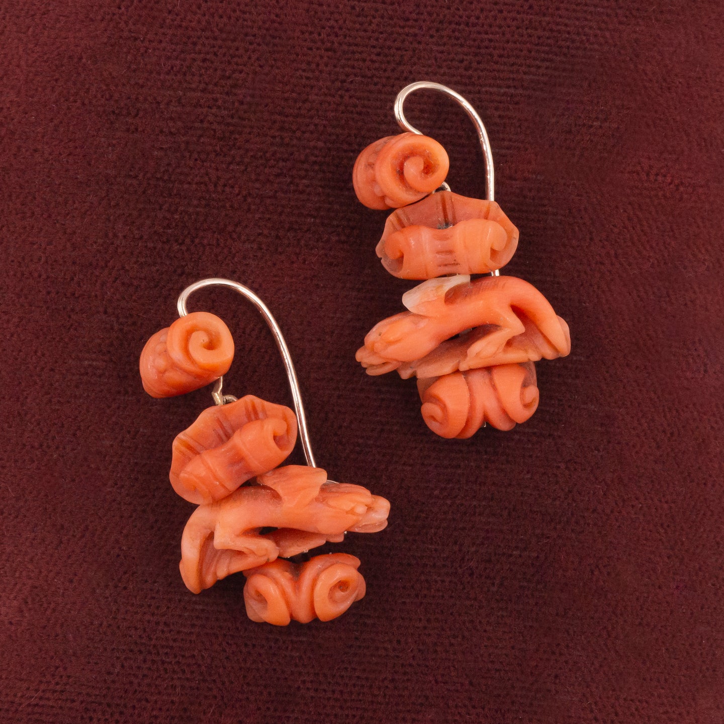 Carved Coral Gargoyle Earrings c1880