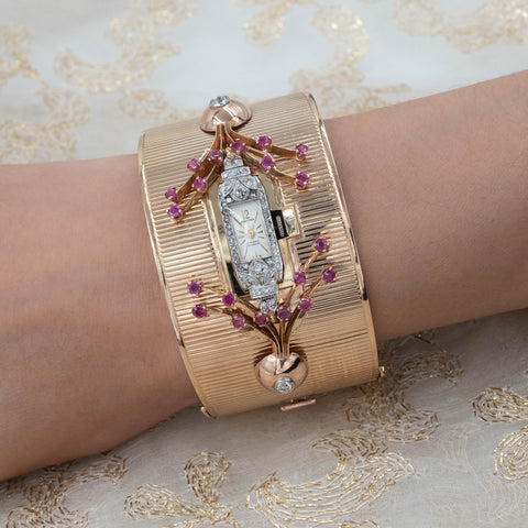 Ruby and Diamond Rose Gold Cuff Bracelet Watch c1930