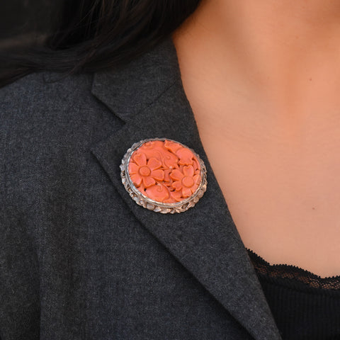 Chinese Export Coral Brooch c1920