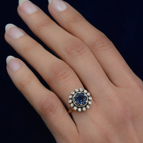 Untreated Burmese Sapphire and Diamond Halo Ring c1930