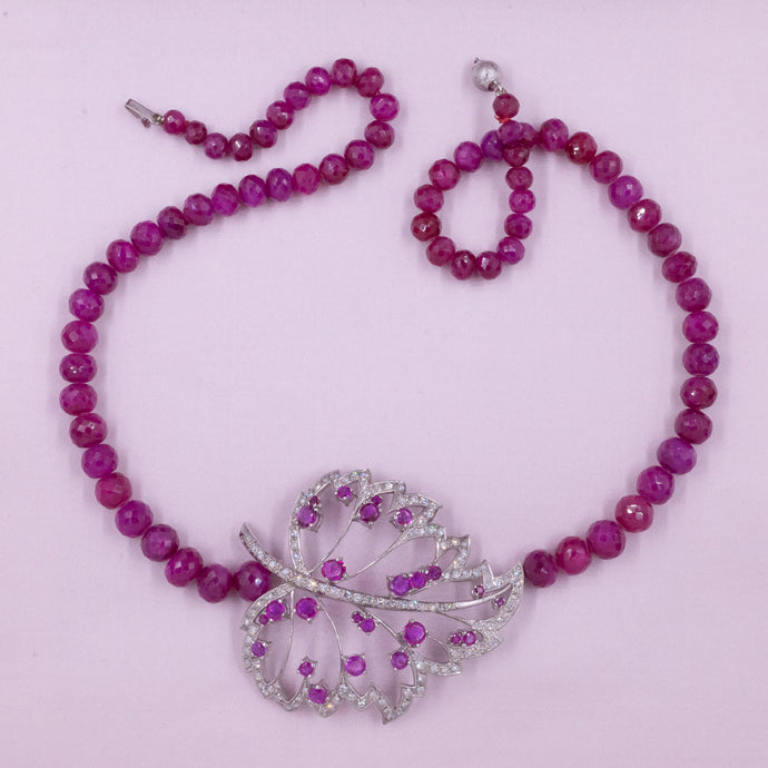 Ruby Beaded Diamond Leaf Necklace