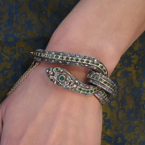 Georgian Revival Diamond & Emerald Snake Bangle