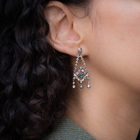 Victorian Rose-Cut Diamond and Emerald Chandelier Earrings