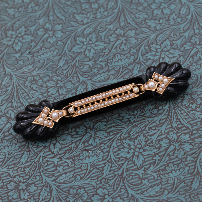 Victorian Onyx & Pearl Bar Brooch