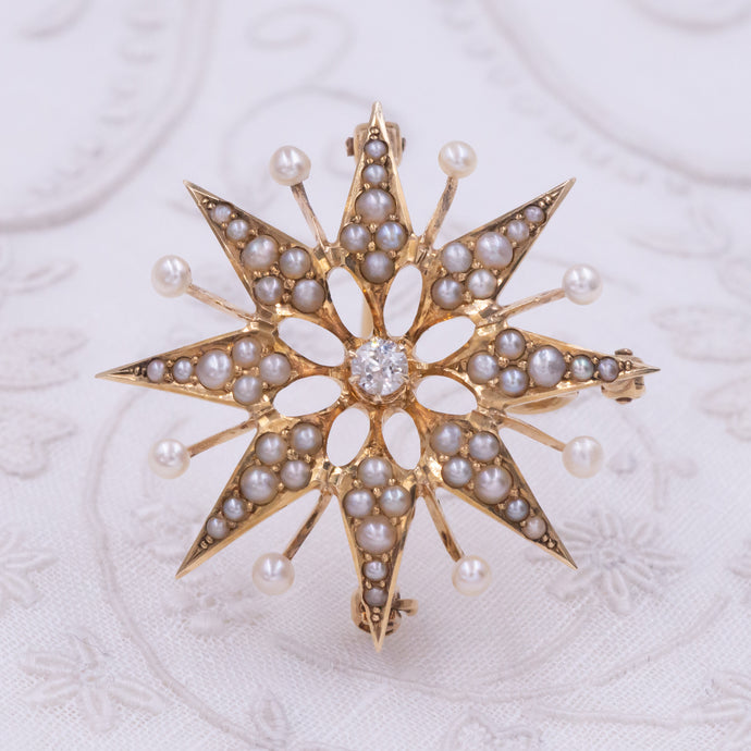 Starburst Pin/Pendant with Pearls & Diamond c1910
