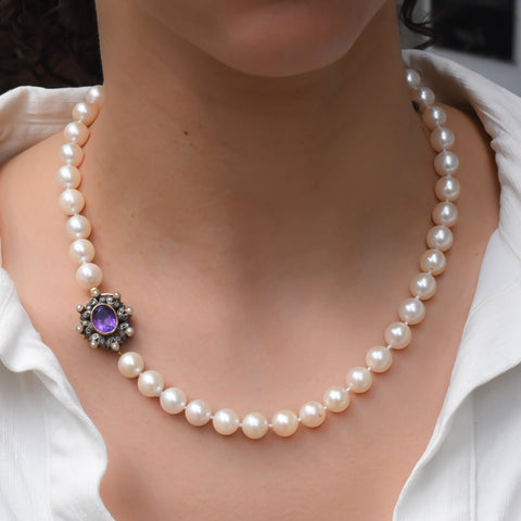 Pearl Necklace with Amethyst Clasp c1930
