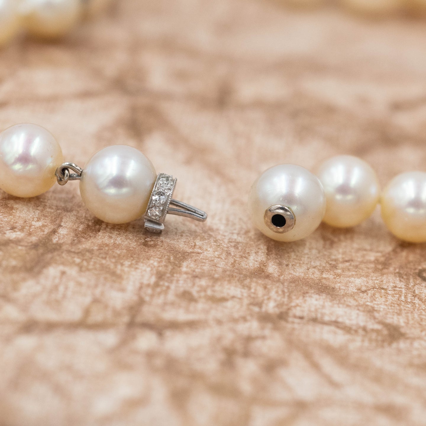 Pearl Necklace with Diamond Rondelles c1950 – Pippin Vintage Jewelry