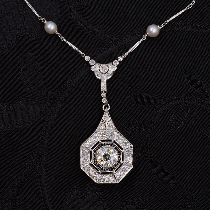 Art Deco Diamond Drop & Natural Pearl Necklace