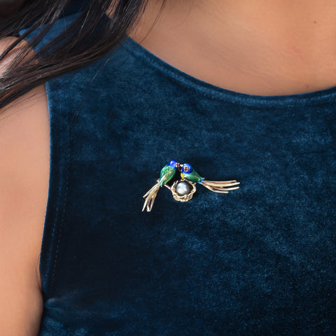 Lovebird's Nest Enamel Brooch c1940