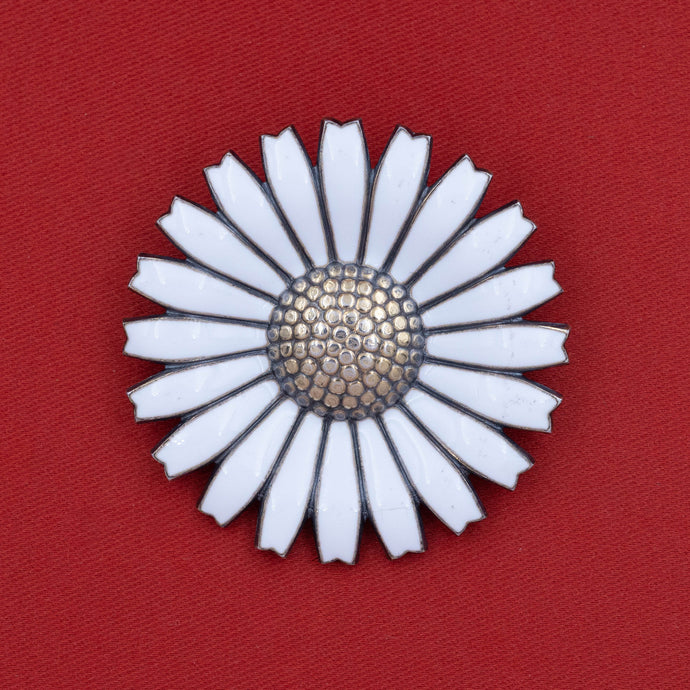 Sterling and White Enamel Flower Brooch
