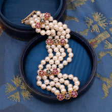 Pearl Bracelet with Ruby, Sapphire, & Diamond Flowers