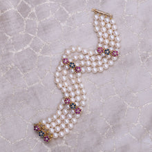 Pearl Bracelet with Ruby, Sapphire, & Diamond Flowers
