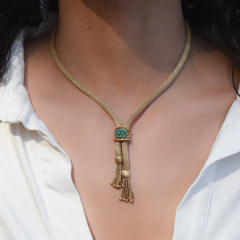 Retro Gold & Turquoise Tassel Necklace c1950