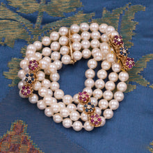 Pearl Bracelet with Ruby, Sapphire, & Diamond Flowers