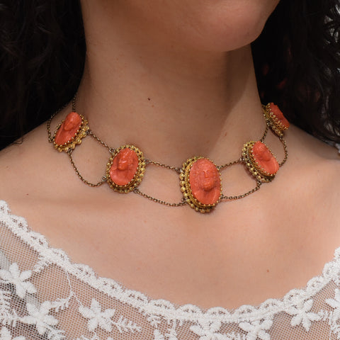 Victorian Coral Cameo Necklace with Greek Gods