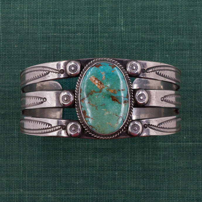 1940s Old Pawn Wide Silver Turquoise Cuff