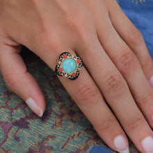 Turquoise Onyx & Coral Cocktail Ring c1990