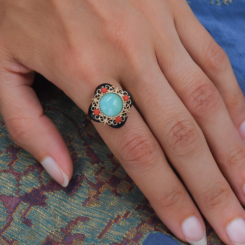 Turquoise Onyx & Coral Cocktail Ring c1990
