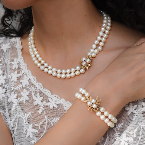 Double-Strand Pearl Necklace with Gold Bouquet Clasp c1980
