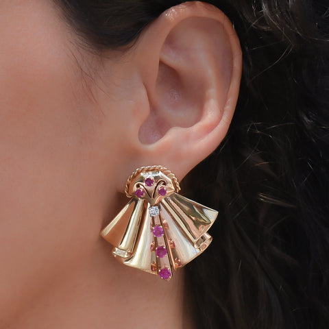 Retro Ruby and Diamond Ruffled Earrings