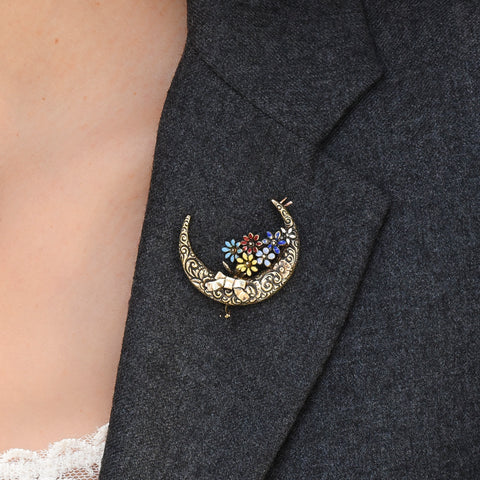 Antique Crescent Moon & Flowers Pin c1880