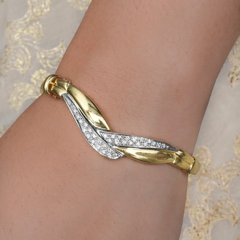 Curved Chevron Diamond Pavé Gold Bangle c1970